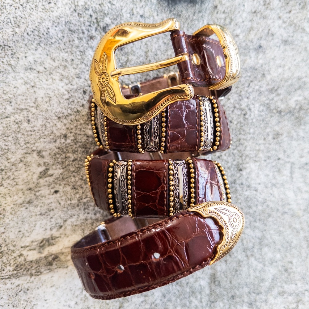 Vtg Nanni Italy Croc Embossed Leather Western Belt Gold Silver,‎ size 80/32